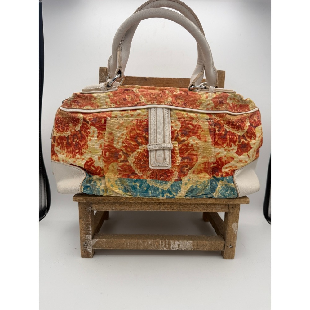 Floral Canvas Satchel Handbag Orange Blue Abstract Print Faux Leather Trim